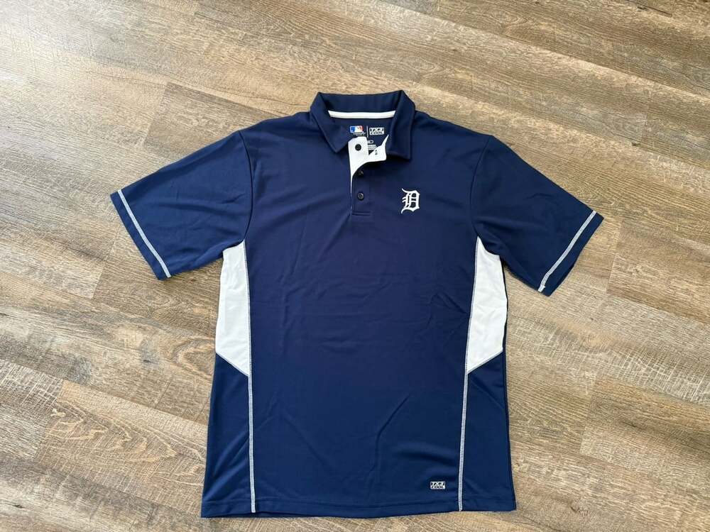 Detroit Tigers Polo Shirt Men's L Blue Performance Stretch Embroidered Eco